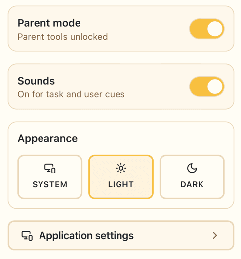 Settings menu with mode toggle