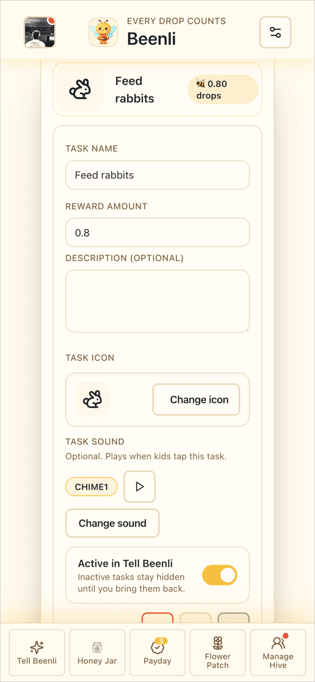 Task management setup screen